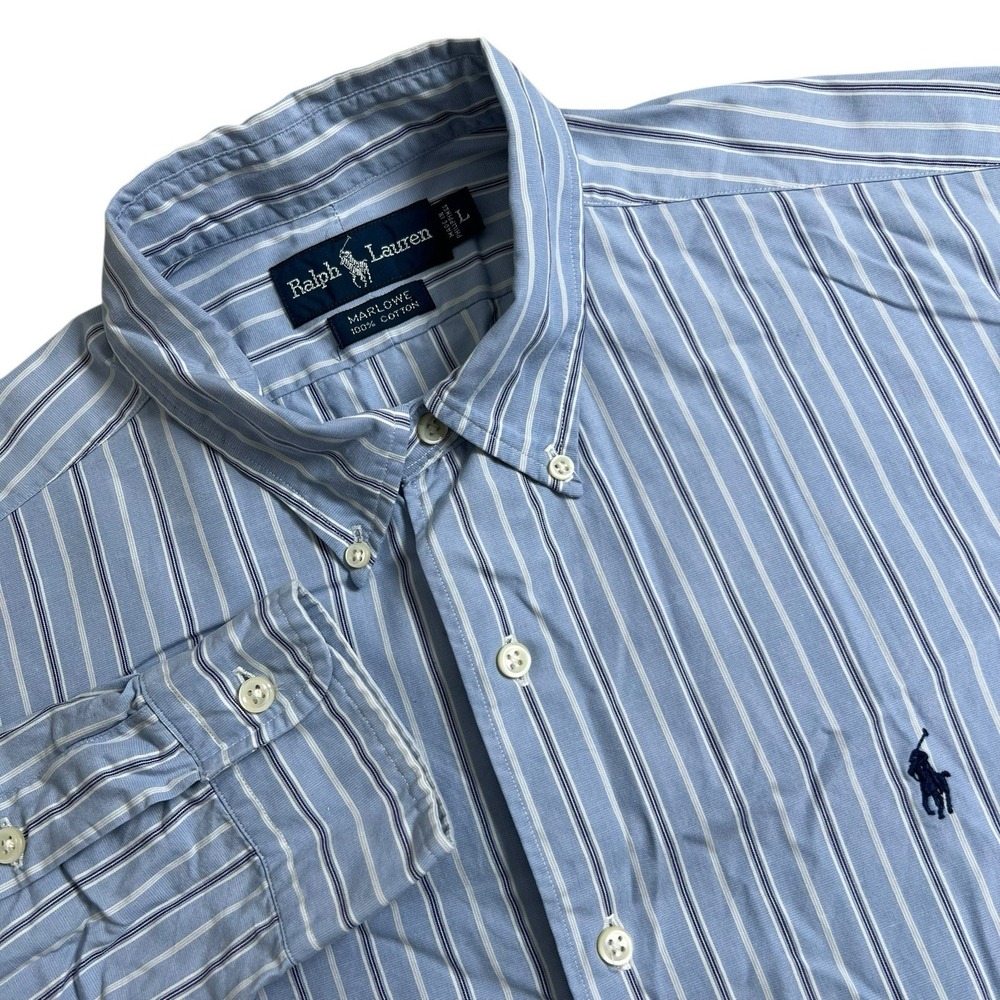 Ralph Lauren Mens Large Marlowe Blue Striped Long Sleeve Button Down Shirt READ